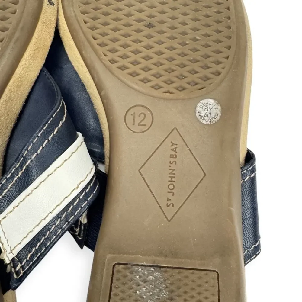 St. John Bay Zandora Blue‎ Nautical Faux Leather Wedge Tong Sandals 12M Comfort